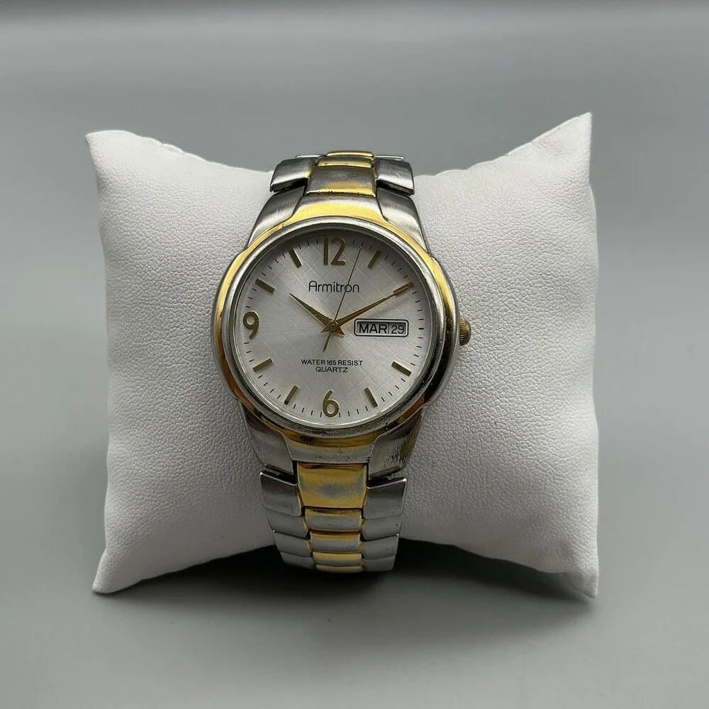 Armitron Mens Watch 36mm Gold Silver Tone Expansion Band Day Date New Battery